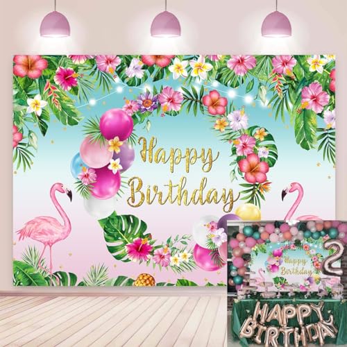 Tropical Hawaiian Birthday Backdrop - Flamingo & Palm Leaves 7x5FT