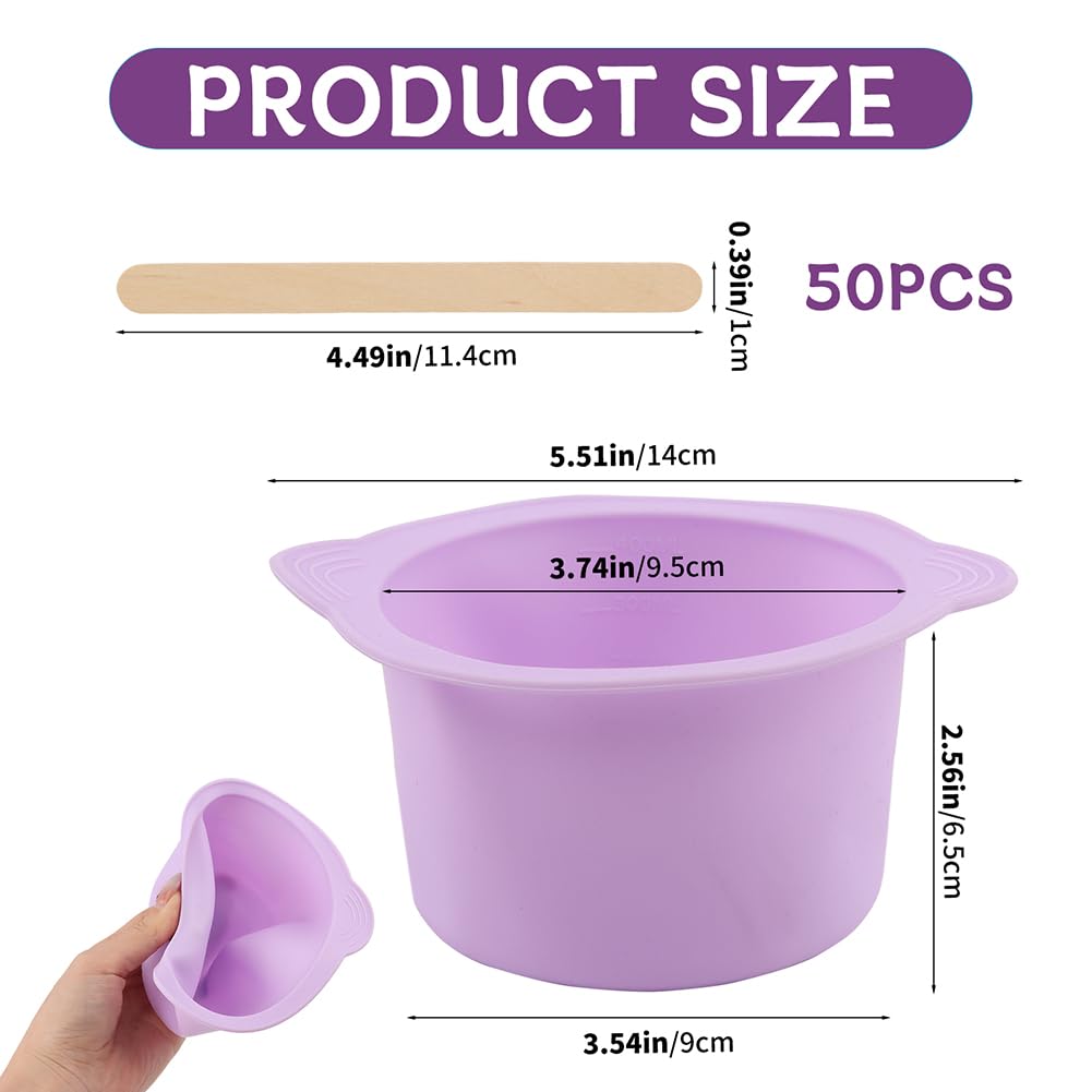 Silicone Wax Warmer, 3pcs Reusable Silicone Wax Bowl for Waxing Replacement Non-Stick Easy to Clean Wa-x Pot Replacement with 50 Pcs Spatula Sticks for Hair Removal