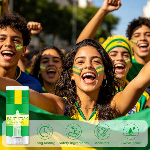 Green Yellow and Green Brazil Face Paint Stick for World Cup Fans, Sweatproof & High Pigment Sports Face Body Paint Sticks for Football, Rugby, Softball, Baseball, Lacrosse, Party Accessories