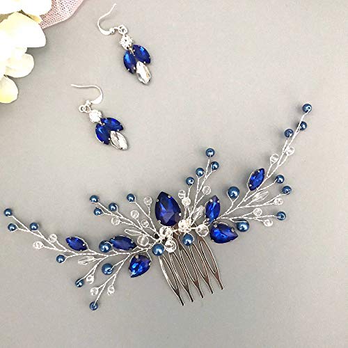 Women Blue Pearl Hair Vine Set with Earrings Bridal Hair Accessory Silver Wedding Headpiece