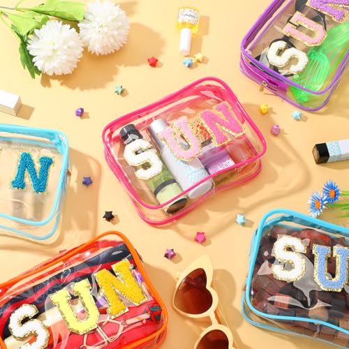 Kacctyen 8-Pack Clear Sun Makeup Bags with Chenille Letter Patches, Multi-Color