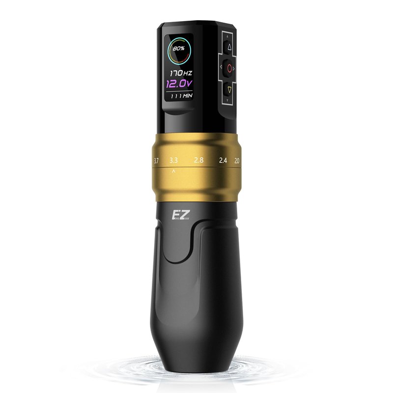 EZ P3 Pro Wireless Tattoo Machine - 6 Strokes 2.0, 2.4, 2.8, 3.3, 3.7, 4.2mm Tattoo Machine Pen with OLED Digital Display 1600mAh Battery Power Tattoo Gun (Matte Golden)