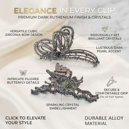 4 Pack Large Black Metal Hair Claw Clips for Women - Vintage Rhinestone Designs