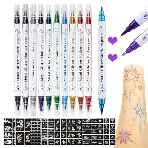 Joyeee Temporary Tattoo Marker Set, 10 Metallic Pens & 139 Stencils