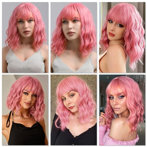 CLIONE Pink Bob Wig with Bangs - Short Wavy Synthetic Hair 14”