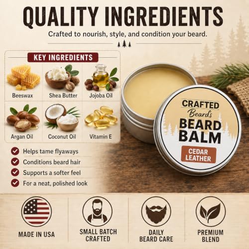 Crafted Beards Beard Balm - Cedar Leather Scent - Natural Styling Wax - 2oz