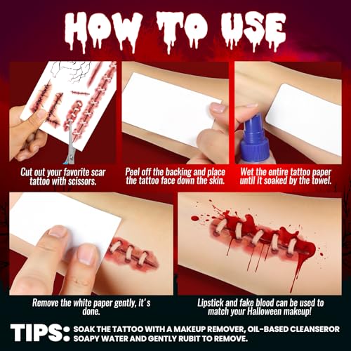Cerlaza Zombie Scars Temporary Tattoos Kit for Halloween Party