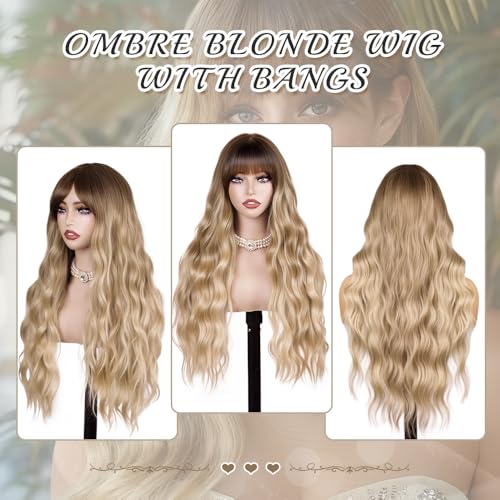 Potoki Ombre Blonde Long Wavy Synthetic Wig with Bangs - 26 Inch