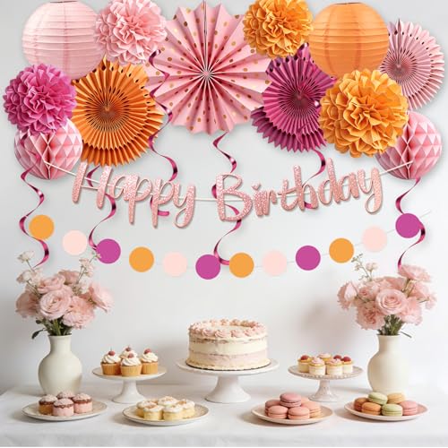 Pink and Orange Birthday Decorations Set for Women - 20pcs