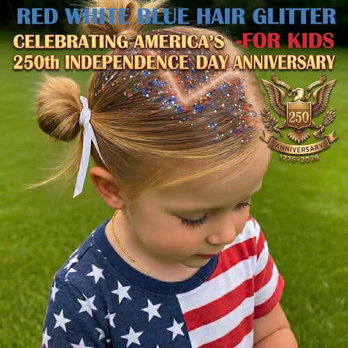 Red White Blue Hair Glitter Stick,4th of July Patriotic America Flag Star Face Body Glitter,250th Independence Day Outfits for Women, Waterproof Cheer Glitter Makeup for Soccer Game