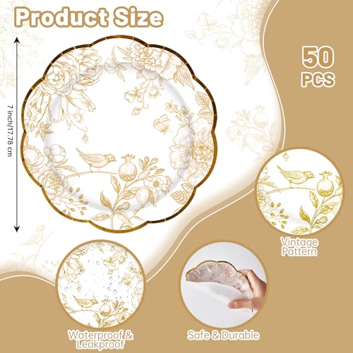 50 Pcs Gold Floral Paper Plates - 7 Inch Disposable Dessert Plates for Weddings & Parties