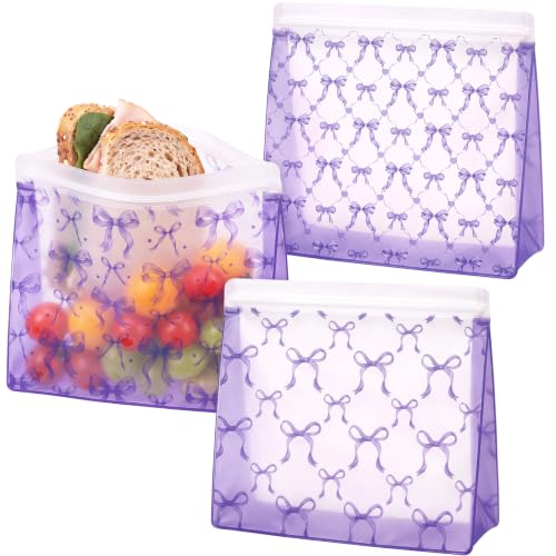 Colarr Reusable Purple Bow Lunch Bags - 3 Pack Leakproof PEVA Storage