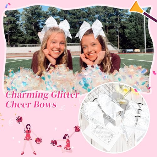 Aileam 2Pcs Glitter White Rhinestone Cheer Bows 7" Large Ponytail Holders