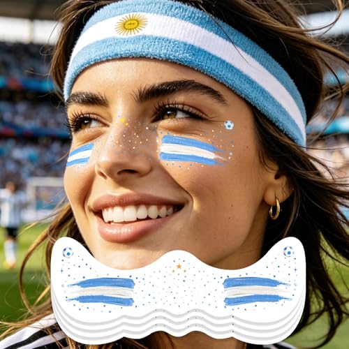 Blue & White Soccer Fan Freckles Face Tattoo - 3 Gold Stars Temporary Tattoos | Waterproof Sports Sparkle Stickers for Football Matches & Game Day Celebrations (8 Sheets)