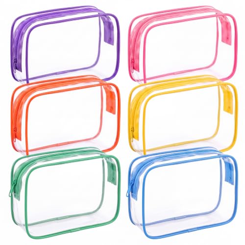 6 Pcs Clear Makeup Bags Bulk Travel Toiletry Case 7 x 5.5 x 1.6 In PVC Waterproof Zipper Pouch - Cunno Bright Color