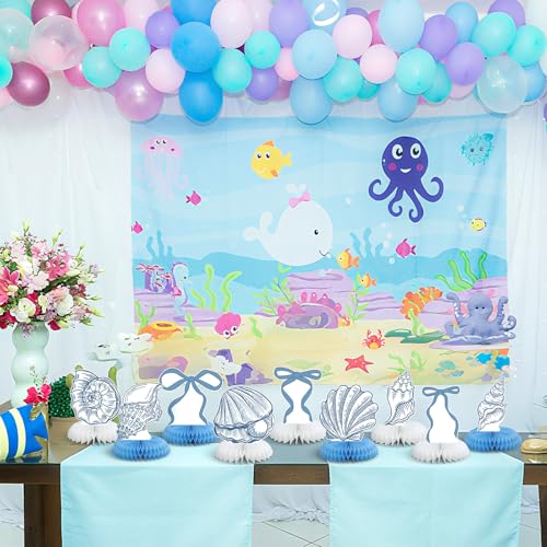 12 Pcs Blue Bow & Seashell Honeycomb Centerpieces for Parties