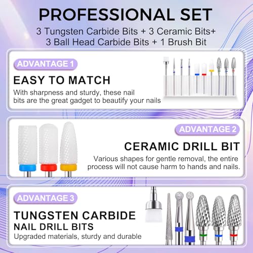 Fantexy 10-Piece Ceramic Nail Drill Bits Set - 3/32 Inch