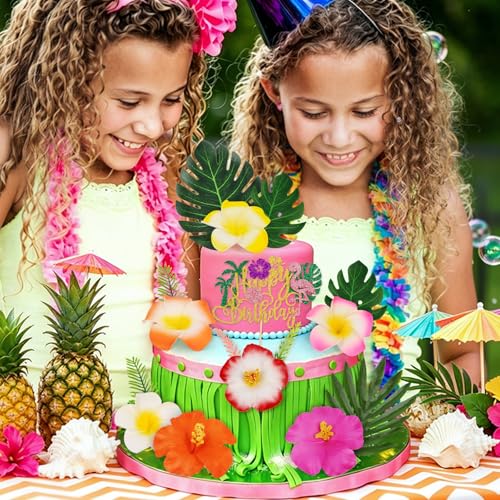 16PCS Tropical Hawaiian Flower Cake Toppers for Summer Parties