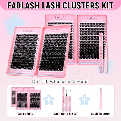 FADLASH Lash Clusters Kit 80D+100D D Curl 10-18mm DIY Lash Extension Set for Beginners