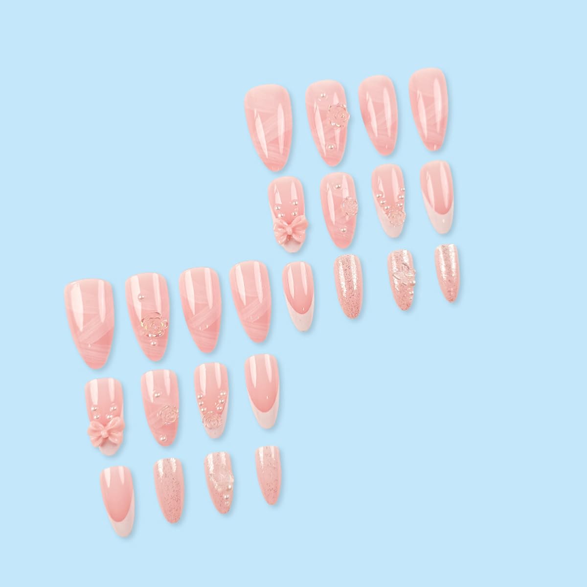 Pink Press-On Nails - 24 Pcs Short Almond White French with 3D Pearl Bow & Butterfly Design | Full Cover Acrylic Nail Art Tips for Women