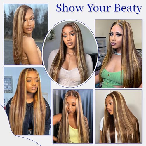 Highlight Ombre Lace Front Wig Human Hair 13x6 HD Lace Frontal Real Virgin Human Hair Wig 4/27 Colored Honey Blonde Straight Wigs Human Hair Pre Plucked Tangle-Free 200 Density 26 Inch