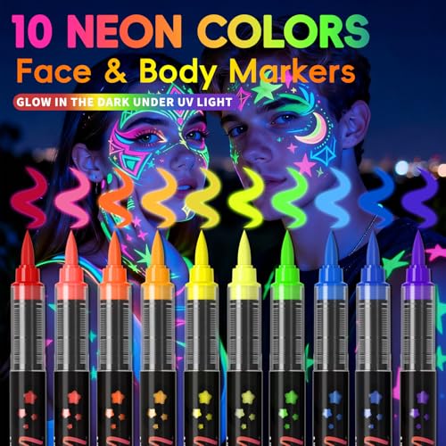 20-Color UV Neon Face & Body Paint Marker Set – Glow-in-the-Dark Makeup