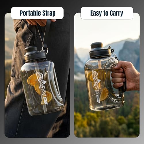 Doseno 60 oz Water Bottle with Straw, Handle & Strap - Black