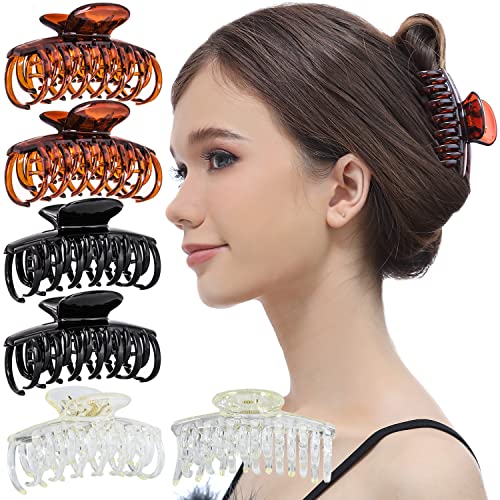 RC ROCHE 6 Pcs Medium Double Claw Hair Clips - Black, Brown, Clear
