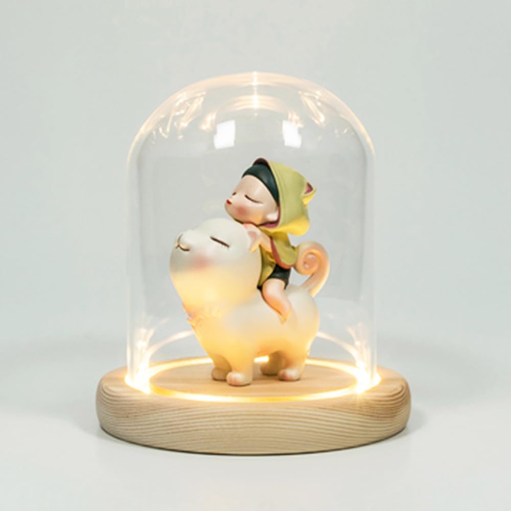 Nynelly 3.54" D X 4.33" H Clear Glass Dome Cloche with Natural Wood LED Lights Base, Display Bell Jar Ornament，Countertop Bell Jar Display Dome Clear Glass Display Case Deco