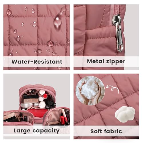 JZRTravel 3 Pack Puffer Quilted Makeup Bags Set - Dark Pink