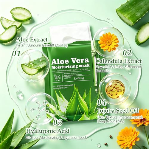 Aloe Vera Hydrating Face Sheet Masks - 30 Pack Soothing Skincare Set