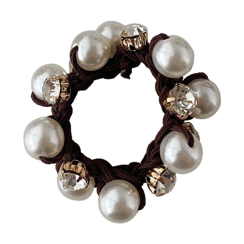 Chic Rhinestone & Faux Pearl Flower Hair Ties - 2pcs Set for Girls | Stylish Everyday & Vacation Accessory, Black