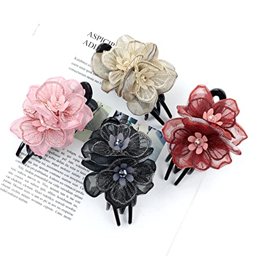 4-Pack Embroidered Mesh Flower Duckbill Hair Clips for Women & Girls