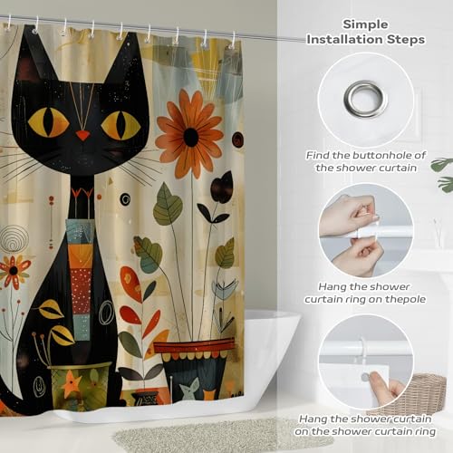 Black Cat Shower Curtain - Boho 72x72 Inch Waterproof Bath Decor