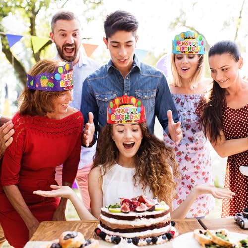 48 Pcs Happy Birthday Crowns - Paper Party Hats for Kids & Adults
