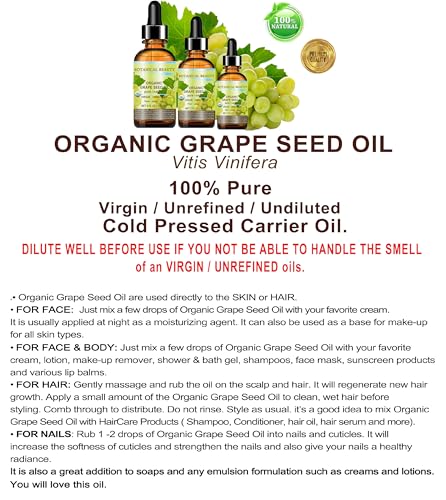 Botanical Beauty Organic Grape Seed Oil - 100% Pure Cold-Pressed Face & Hair