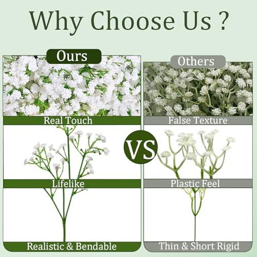 20 Pcs Real Touch Baby's Breath Artificial Flowers - White Faux Floral Arrangements for Weddings, Parties, Home Decor