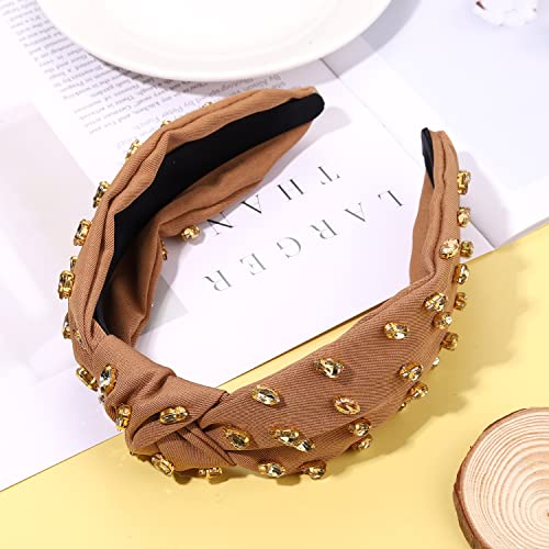 NVENF B-Brown Rhinestone Knotted Headband for Women Summer Hair Accessories