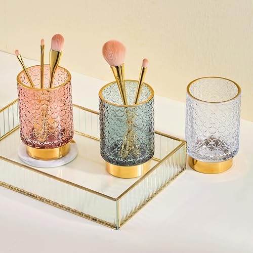 Vintage Glass Makeup Brush Holder with Gold Metal Base - Desk Organizer
