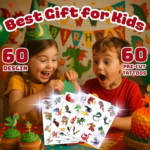 Pre-Cut Dragon Temporary Tattoos for Kids - 60 Pcs Party Favors