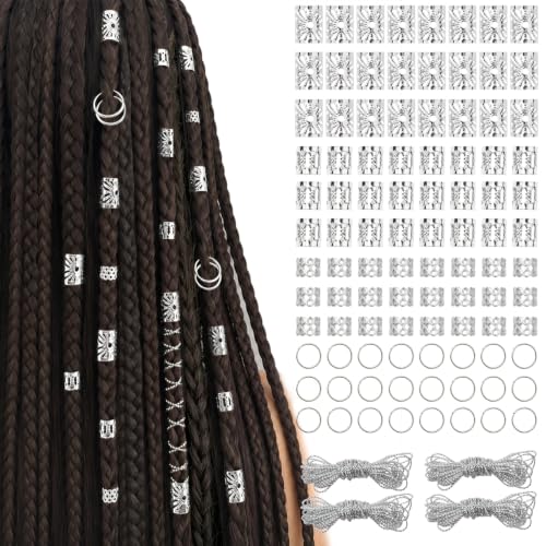 WacanDan Silver 100 Pcs Hair Jewelry Set for Braids & Locs - Adjustable Styles