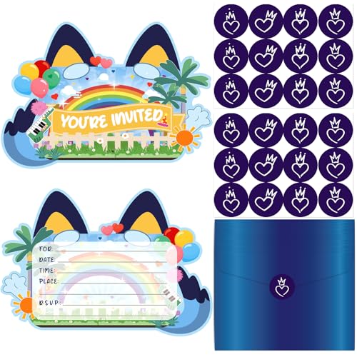 Blue Dog Birthday Invitations - 20 Cartoon Cards with Envelopes & Stickers