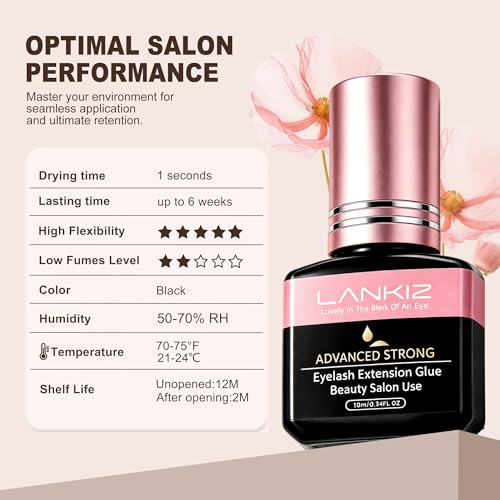 LANKIZ Professional Lash Extension Glue 10ml - 1 Sec Dry, 6 Week Hold, Salon Use