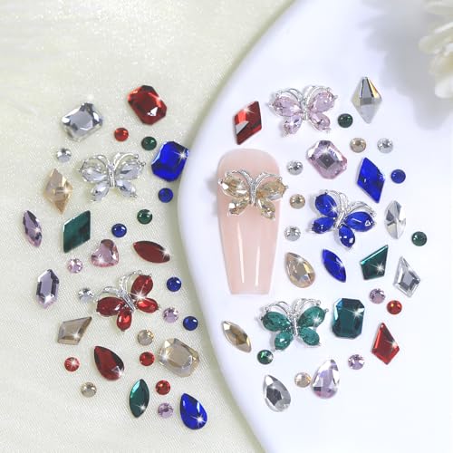 Silver Butterfly Nail Charms & Colorful Rhinestones for Nail Art & Crafts
