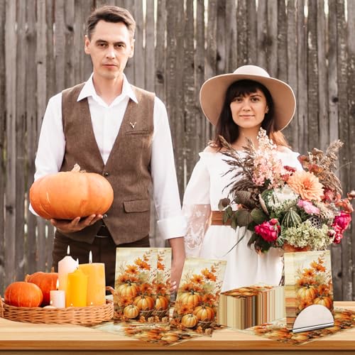 100-Pack Fall Pumpkin Paper Napkins - Floral Thanksgiving Design