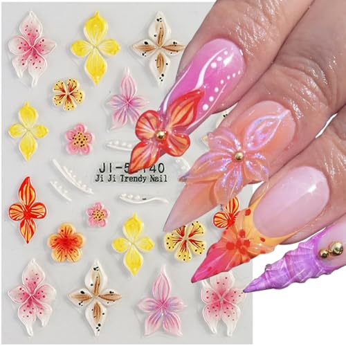 MIXFOSAHN 3D Flower Style Nail Stickers Self-Adhesive Colorful Floral Art Set - 4 Sheets