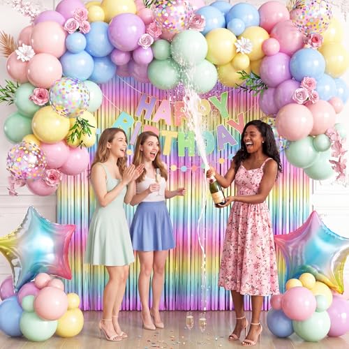 Pastel Birthday Decorations Set - Macaron Fringe Curtain & Balloons