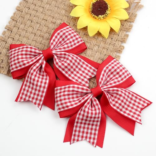 JOYFUNFABU 2PCS Red Gingham Hair Bows for Girls - Classic 3-Inch Toddler Hair Clips (Variation B)