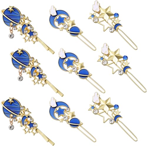 Beavorty 9 Pcs Gold Moon & Star Rhinestone Hair Clips Blue Variation Pack of 1