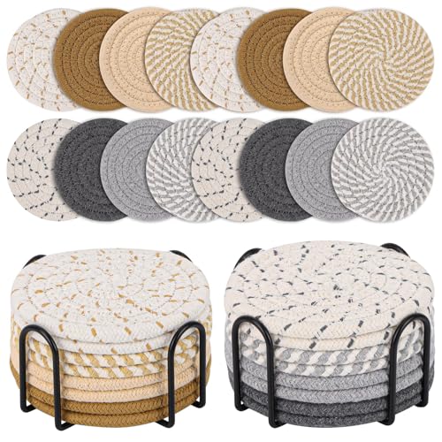16 Pcs Cotton Woven Drink Coasters Set with Holder - 8 Colors